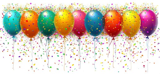 Colorful balloons and confetti falling on a white background. Perfect for birthday celebrations, parties, and special events.