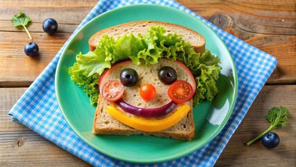 A whimsical sandwich features a smiling face crafted from lettuce, tomato, and olives on whole wheat bread, resting on a colorful plate.