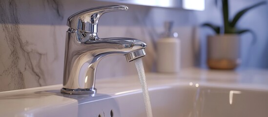 Close-up of a Modern Chrome Faucet with Running Water