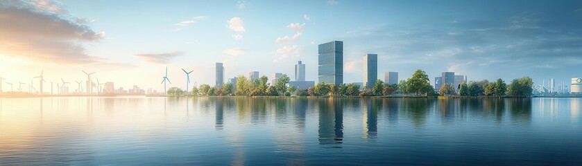 Naklejka premium A modern city powered by clean energy, with visible solar panels and wind turbines integrated into the infrastructure