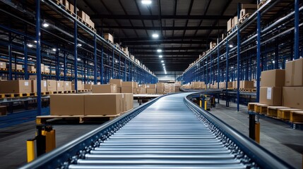 Conveyor elt system in a warehouse moving oxes to loading docks, symolizing the final stage of order fulfillment.