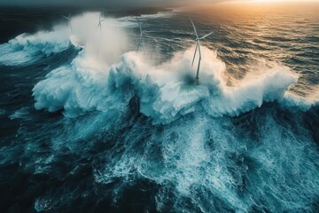 Aerial view of offshore wind turbines in the ocean, with waves crashing below