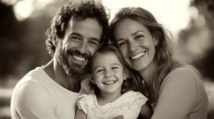 Fototapeta premium Nostalgic Bliss: Smiling Vintage Family Portrait in Sepia Tones Reflecting Joy of Togetherness