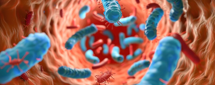 Microscopic view of bacteria in a blood vessel. 3D illustration of microscopic organisms in the human body. - Powered by Adobe