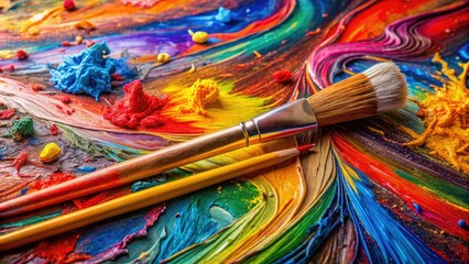 Fototapeta premium A worn pencil and a vibrant paintbrush lie parallel on a splattered artist's palette, surrounded by colorful abstract shapes and swirls of creative expression.