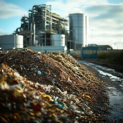 Piles of organic waste material ready for processing at a biomass energy facility