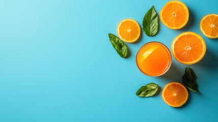 Refreshing orange juice served in a glass, surrounded by fresh oranges and green leaves on a vibrant blue background.