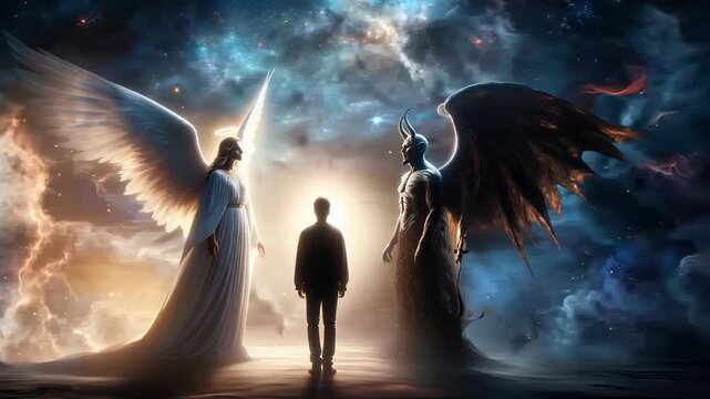 A man an angelic figure and a devil, as cosmic matter shifts around them. Illustrative and beautiful, symbolizing the capacity of human will and influencing it powers. High quality 4k footage