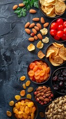 Assorted Healthy Snacks Including Dried Fruit Nuts and Veggie Chips on Dark Background with Copy Space