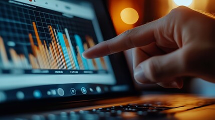 Close up of Business person pointing at a notebook screen displaying a sales graph, analyzing financial data on virtual interface.