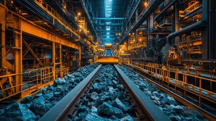 Obraz premium Conveyor system in a mining operation transporting rocks and minerals, highlighting the scale of industrial processes.