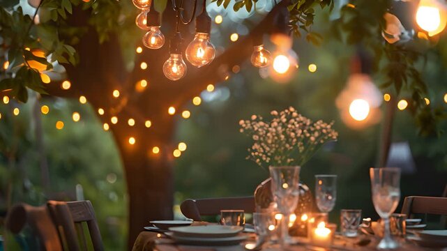Gather around a stunning table adorned with candles and flowers, illuminated by warm string lights