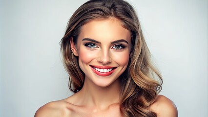 Fototapeta premium Beautiful young woman with flawless skin and bright smile posing against a clean white background, gazing directly at the camera with confidence and elegance.