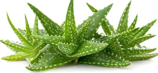Fototapeta premium Close up of fresh aloe vera plant with water droplets. Green leaves, isolated on white background.