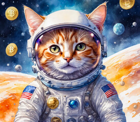 Cat Astronaut In Space With Bitcoin.