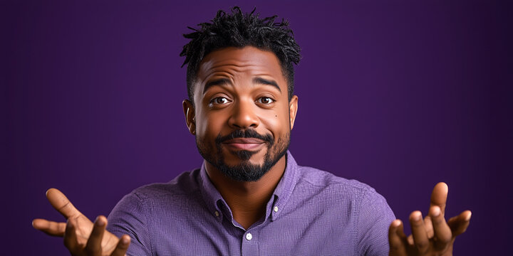 A charismatic African American man, sporting a goatee and purple shirt, energetically performs humorous hand gestures against a solid color backdrop.