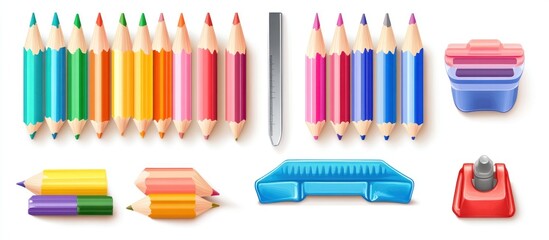 Obraz premium Assortment of Colorful Pencils, Ruler, and Pencil Sharpeners