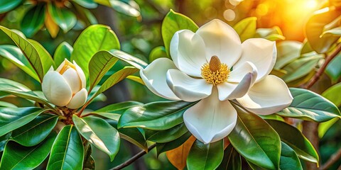 Fototapeta premium Blooming Magnolia grandiflora showcases delicate white petals and rusty-brown cones against a lush green backdrop, exuding serene elegance in the warm summer light of July 2023.