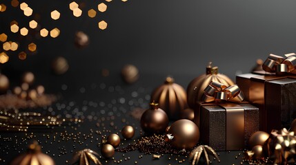Fototapeta premium Elegant holiday composition with chic bronze gift boxes and baubles on black background. Festive Christmas concept. Luxury design for greeting cards, invitations, or posters.