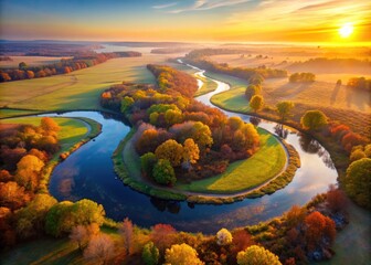 Breathtaking aerial view of serene curving river surrounded by vibrant autumn foliage, meadows, and golden sun-kissed fields at dawn in Ukraine.