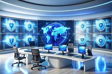 Naklejka premium 3D AI Enhanced Cybersecurity Concept: High-Tech Command Center with AI Threat Analysis and Holographic Data Displays