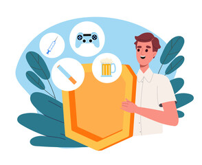 Man against bad habits. Young guy with shield near icons of alcohol, cigarettes, drugs and joystick. Stop smoking, drinking and playing computer games. Flat vector illustration