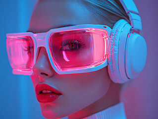 a woman with light skin and blonde hair, wearing a pair of white headphones. Her eyes are adorned with pink-tinted glasses.