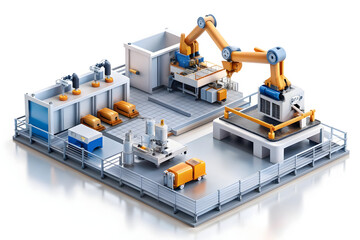 Futuristic AI-Enhanced Manufacturing Facility with Precision Automation - 3D Icon Concept on White Background