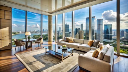 Fototapeta premium Bright and airy modern living room with floor-to-ceiling windows offering breathtaking sweeping views of Singapore's cityscape and Marina Bay Sands skyline.