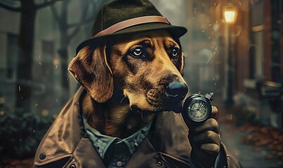 A dog wearing a jacket that says the name of the dog
