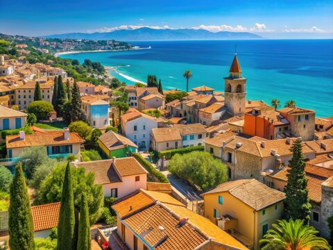 Bright blue Mediterranean Sea meets the horizon in this sweeping panoramic view of Cagnes-sur-Mer's picturesque coastline, with rolling hills and red-tiled rooftops.
