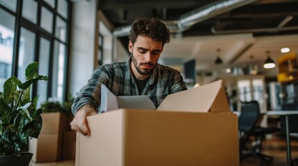 An office worker packing personal items into a box after their company declared bankruptcy.