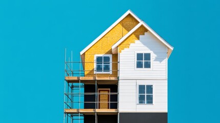 Transformation of a Traditional Home: Siding Replacement, Fresh Paint, and Modern Door Installation with Scaffolding - Space for Text Overlay