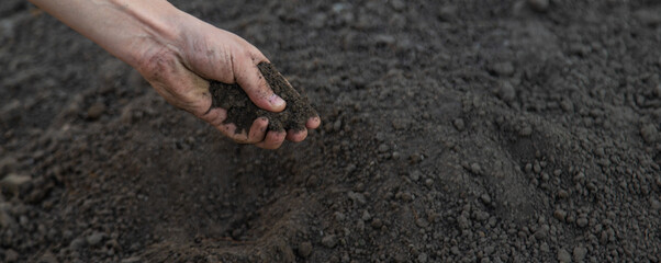 a man holds soil in his hands close-up. Selective focus