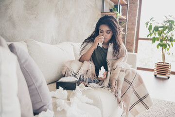Photo of stressed depressed lady covering blanket feeling bad coughing indoors room home house