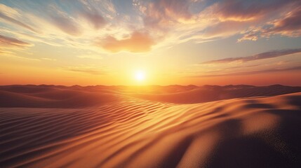 Fototapeta premium Breathtaking desert landscape at sunset, with golden sand dunes illuminated by the warm light and a sky filled with vibrant clouds.