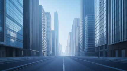 Wide empty street surrounded by towering modern skyscrapers in a futuristic urban setting.