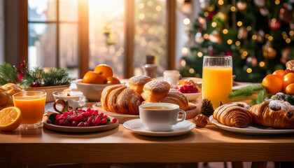 Cheerful New Year's brunch featuring an assortment of pastries, fruits, and beverages in a bright and festive environment
