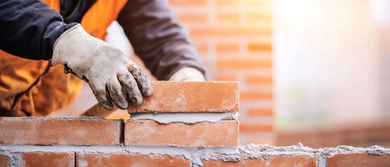 Skilled Bricklayer at Work - Modern Architectural Renovation with Bright Lighting and Tools in Background