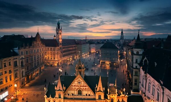 Aerial View of Munich's Marienplatz at Dusk