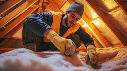 Bright Attic Renovation: Handyman Installing Fresh Insulation in Renovated Home with Natural Light Highlights Work Space