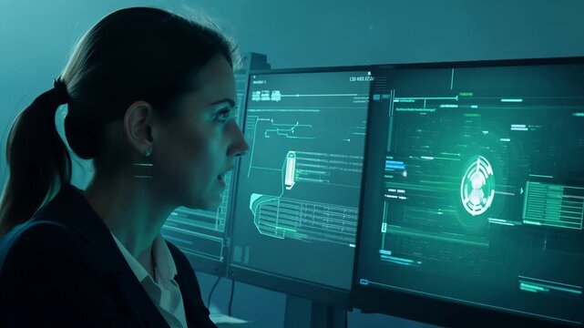 A cybersecurity professional works diligently on multiple screens, identifying network vulnerabilities in a dimly lit environment
