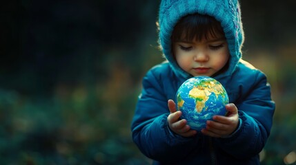 Fototapeta premium A child holding a globe in their hands, symbolizing hope and care for the future of the world.