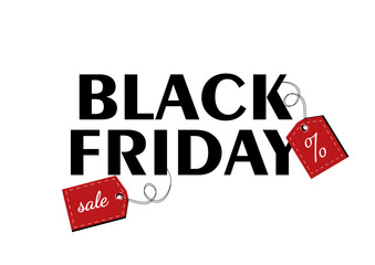 Black friday label. Text and price tags with percents. Discounts and promotions. Ecommerce and marketing. Poster or banner. Flat vector illustration isolated on white background
