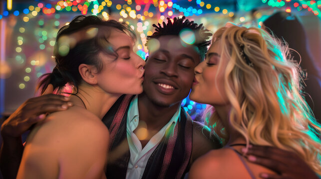 Two women kissing a man on the cheeks in a lively nightclub.