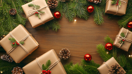 Festive Christmas scene with wrapped gifts, pine cones, and red ornaments on a wooden surface.