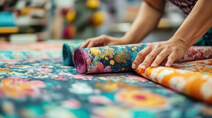 Obraz premium Hands arranging faric patterns on a cutting tale, focusing on the preparation stage in garment manufacturing.