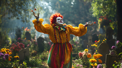 Fototapeta premium A Clown in a Cemetery, Surrounded by Flowers