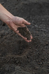 a man holds soil in his hands close-up. Selective focus