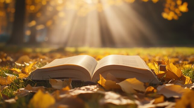 An open book lies on the grass in an autumn park, surrounded by golden leaves and sun rays. The scene evokes the concepts of reading, education, or the fall season. -